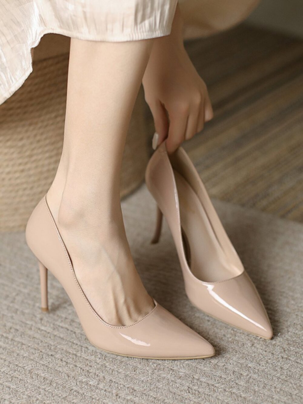 Nude Patent Pointed Toe Stiletto Pumps